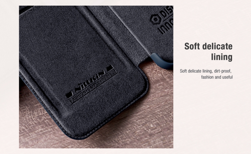 Bao Da iPhone 14 Pro Hiệu Nillkin Qin Pro Leather Case Chính Hãng được làm bằng da và nhựa cao cấp polycarbonate khá mỏng cực kỳ sang trọng, phần đẩy bảo vệ camera tốt hơn